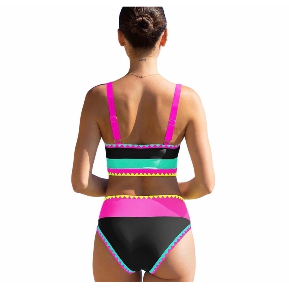 NWT Popvil Neon 3pc Bikini Set High Waist Tummy Control Skirt Black Pink Various - Picture 2 of 8